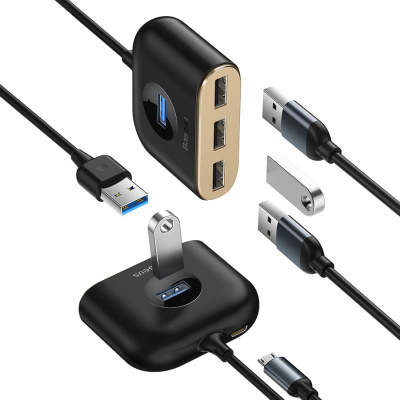 Картридер-хаб BAseus Square round 4 in 1 USB HUB Adapter(USB3.0 TO USB3.0*1+USB2.0*3) 1m Black