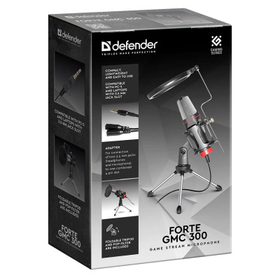 Стрим игровой микрофон DEFENDER Forte GMC 300 3,5 мм, провод 1.5 м (1/20)
