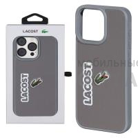 Накладка LACOST с вышитым лого на кожаной вставке, силиконовая, в упаковке (вид2), iPhone 14 Pro (6.1), серая