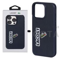 Накладка LACOST с вышитым лого на кожаной вставке, силиконовая, в упаковке (вид2), iPhone 14 Pro Max (6.7), темно-синяя