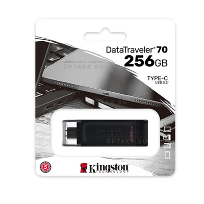 Флешка USB 256 Гб Kingston DataTraveler 70, USB3.2, пластик, резина, Type-C, чёрный