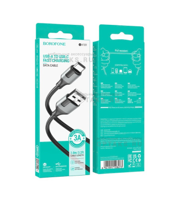 Кабель USB to Type-C Borofone BX101 Creator, 1.0м, 2.4A, черный, серая вставка