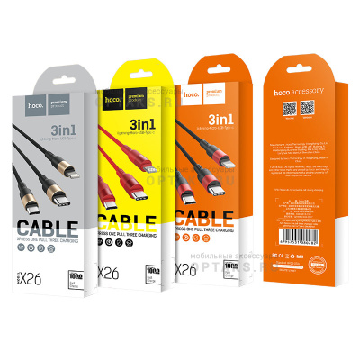 Кабель USB to Lightning, Type-C, микро USB HOCO X26 Xpress, 1m, 2.1A,  чёрный, красная вставка