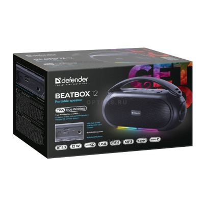 Аудио-колонка беспроводная DEFENDER Beatbox 12 12Вт, опции: BT/FM/USB/TF/MIC/RGB, черный (1/4)