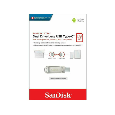 Флешка USB3.1 128GB SanDisk  Ultra Dual Drive Luxe USB Type-C, серебро