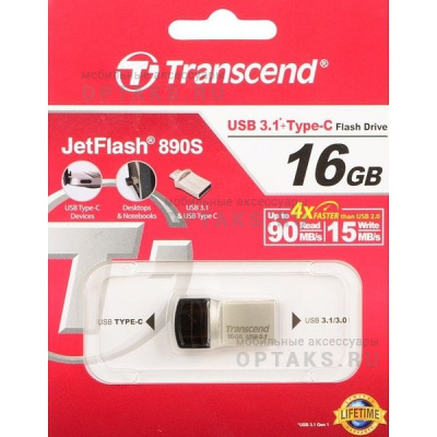 Флешка USB3.1 16 Гб Transcend  JetFlash 890S OTG  водонепроницаемая  серебро металл