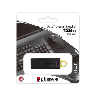 Флешка USB 128 Гб Kingston DataTravele Exodia, USB3.2, пластик, чёрный, жёлтая вставка