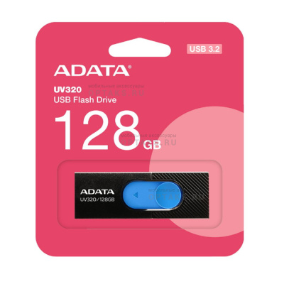 Флешка USB 128 Гб ADATA UV320, USB3.2, пластик, R-100 MB/s, черный, синяя вставка