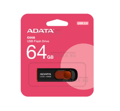 Флешка USB 64Gb ADATA C008, USB 2.0, черный, с красной вставкой