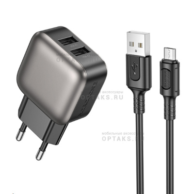 Блок питания сетевой 2 USB BOROFONE BAS51A Absolute, , пластик, 2.4А, кабель USB to Micro, цвет: чёрный (1/48/192)