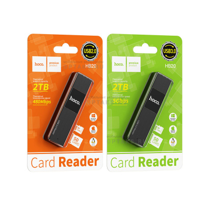 Картридер HOCO HB20, USB 3.0, пластик, TF/ SD карта,  черный