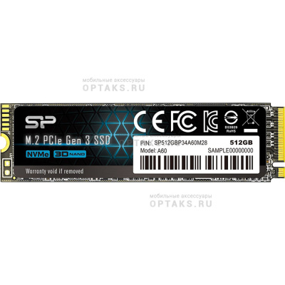 Жесткий диск SSD Silicon Power  512GB  P34A60, PCIe 3x4, R/W - 2200/1600 MB/s, (M.2), 2280, TLC 3D NA