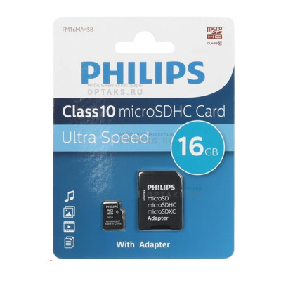 Карта памяти microSD 16 Гб Philips, Class10, с адаптером