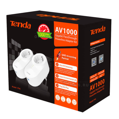 Набор PowerLine адаптеров Tenda PH6, AV1000 со встроенной розеткой. GE порт; совместимость с Home Plug AV2