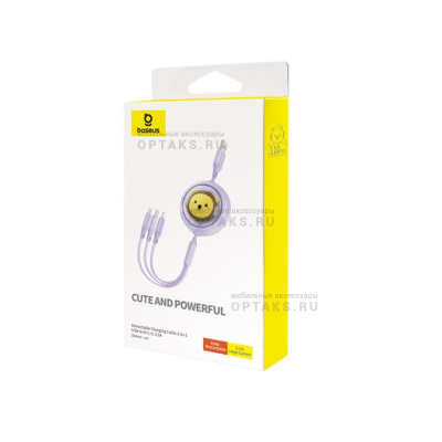 Кабель USB to Lightning/Type-C/Micro Baseus P10362900511-00 Leo Retractable, 1.1м, 3.5A, фиолетовый