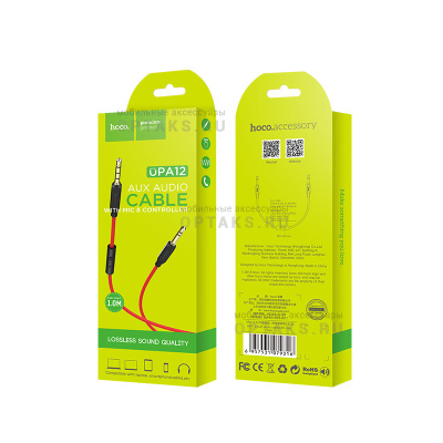 Aux-кабель Jack 3,5mm(m) - Jack 3,5mm(m) HOCO UPA12, 1m, микрофон,  красный