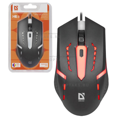 Мышь игровая, DEFENDER Hit MB-601, USB, 7 цветов, 4 кнопки, 800-1200dpi, черный