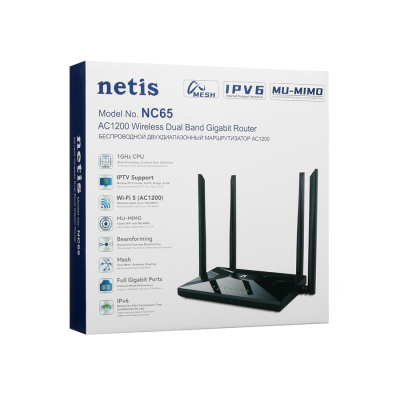Mesh-роутер NETIS NC65 гигабитный двухдиапазонный, AC1200, 5 ГГц и до 300 Мбит/с на частоте 2,4 ГГц,  IPTV (1/10)